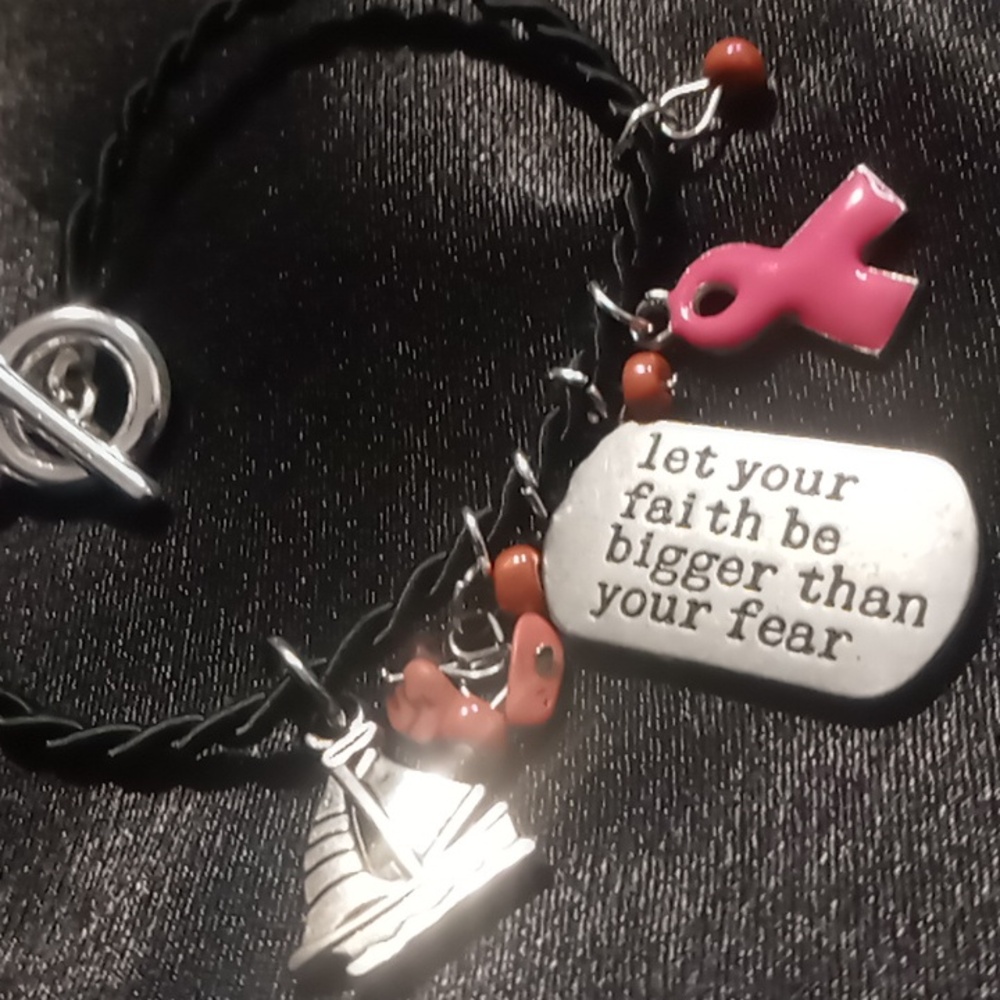 Cancer awareness charm bracelet black  nylon cord with toggle clasp 7.5